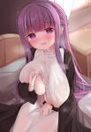  1girl absurdres black_coat blush breasts buttons coat covered_nipples dress fern_(sousou_no_frieren) highres huge_breasts indoors jingdong_ssa long_hair long_sleeves looking_at_viewer on_bed open_clothes open_coat open_mouth partially_unbuttoned purple_eyes purple_hair sitting smile solo sousou_no_frieren sweat trembling white_dress 