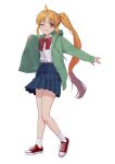  1girl absurdres ahegao blonde_hair blue_skirt bocchi_the_rock! bow carlo_montie collared_shirt full_body green_jacket grin highres ijichi_nijika jacket long_hair looking_at_viewer one_eye_closed pleated_skirt red_bow red_eyes red_footwear school_uniform shimokitazawa_high_school_uniform shirt shoes side_ponytail simple_background skirt smile sneakers solo standing white_background white_shirt 