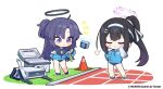  2girls black_hair blue_archive blue_eyes blush breasts buruma chibi closed_eyes facial_mark hairband hand_on_own_hip jacket long_hair multiple_girls nemomo off_shoulder ponytail purple_hair robot smile sumire_(blue_archive) towel traffic_cone yuuka_(blue_archive) yuuka_(gym_uniform)_(blue_archive) 