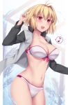  1girl absurdres antenna_hair arcueid_brunestud bikini blonde_hair breasts cleavage commentary_request eighth_note hair_intakes highres jacket large_breasts multicolored_clothes multicolored_jacket musical_note red_eyes short_hair solo soukitsu spoken_musical_note swimsuit tsukihime two-tone_jacket white_bikini 