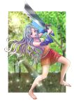  1girl :d barefoot blue_sky blue_sleeves blurry blurry_background border bow breasts cleaver dress forest full_body grey_hair highres holding holding_knife holding_weapon knife kyabekko long_hair looking_at_viewer multicolored_clothes multicolored_dress nature open_mouth orange_dress red_bow red_dress red_eyes sakata_nemuno single_strap sky smile solo standing touhou tree wavy_hair weapon white_border yellow_dress 