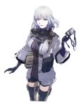  1girl absurdres arcadia25 black_shorts breasts girls&#039;_frontline gloves highres large_breasts load_bearing_vest name_tag purple_eyes rpk-16_(girls&#039;_frontline) short_hair shorts simple_background smile tactical_clothes 