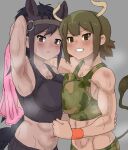  2girls abs absurdres animal_ears arm_around_shoulder arm_around_waist arm_behind_head arm_up armpits aurochs_(kemono_friends) black_hair black_sports_bra breast_press breasts bridle brown_eyes brown_hair brown_thoroughbred_(kemono_friends) camouflage collarbone cow_ears cow_girl cow_horns dark-skinned_female dark_skin empty_eyes extra_ears green_hair grey_background grin hand_on_another&#039;s_back highres holding holding_towel horizontal_pupils horns horse_ears horse_girl horse_tail japan_racing_association kemono_friends kumasyan1998 large_breasts long_hair looking_at_viewer medium_hair multicolored_hair multiple_girls parted_bangs parted_lips pink_towel print_sports_bra simple_background smile sports_bra sportswear steaming_body stomach sweat symmetrical_docking tail tan toned towel two-tone_hair upper_body 