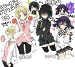  1boy 2girls ahoge akamatsu_kaede bag black_hair black_thighhighs blonde_hair blush checkered_clothes checkered_scarf chibi danganronpa_(series) danganronpa_v3:_killing_harmony flower genderswap genderswap_(ftm) genderswap_(mtf) hat heart hen10 juice long_hair medium_hair multiple_girls musical_note necktie one_eye_closed ouma_kokichi pleated_skirt profile purple_eyes purple_hair red_flower saihara_shuuichi scarf shirt short_hair shorts sketch skirt smile sparkle spoken_musical_note sweater_vest thigh_strap thighhighs translation_request twintails v white_background yellow_eyes 