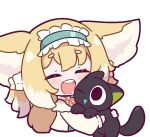  1boy 1girl animal_ears animal_hug arknights black_cat blonde_hair blue_archive blush cat chibi fox_ears fox_girl fox_tail happy hifumi_(blue_archive) hondo_kaede hug kurotofu luo_xiaohei luo_xiaohei_zhanji multiple_tails one_eye_closed suzuran_(arknights) suzuran_(spring_praise)_(arknights) tail voice_actor_connection 