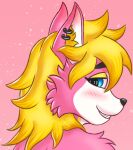  anthro blonde_hair blush canid canine cypher_leyton ear_piercing fox fur hair looking_at_viewer low_res male mammal piercing pink_body pink_fur shy smile solo white_body white_fur xofrehpyc yellow_body yellow_fur 