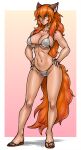  animal_humanoid armor big_breasts bikini_armor breasts canid canid_humanoid canine canine_humanoid claws clothing female footwear frown fur hair hands_on_hips hi_res humanoid inner_ear_fluff looking_at_viewer luigiix mammal mammal_humanoid midriff mouth_closed navel orange_body orange_eyes orange_fur orange_hair sandals simple_background solo standing tail tuft unconvincing_armor wolf_humanoid 