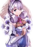  1girl absurdres ascot blue_eyes braid cowboy_shot crown_braid dress flower hairband hand_up head_wings highres looking_at_viewer melia_antiqua puffy_sleeves risumi_(taka-fallcherryblossom) short_dress short_hair smile solo white_flower wings xenoblade_chronicles:_future_connected xenoblade_chronicles_(series) xenoblade_chronicles_1 