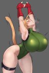  1girl ahoge alternate_breast_size animal_ear_fluff animal_ears armpits arms_up blonde_hair blush breasts cammy_stretch_(meme) cammy_white cat_ears cat_girl cat_tail closed_eyes closed_mouth cowboy_shot english_commentary facial_mark fang fingerless_gloves gloves green_leotard grey_background heart highres huge_breasts interlocked_fingers leaning_forward leotard medium_hair meme motion_lines pockyland red_gloves simple_background skindentation solo standing steam street_fighter stretching sweat tail thigh_strap thighs thong_leotard 