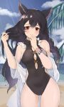  1girl animal_ears ass_visible_through_thighs bags_under_eyes beach black_hair black_one-piece_swimsuit blue_sky blush braid closed_mouth clothing_cutout cloud commentary_request day erune granblue_fantasy hair_between_eyes highres long_hair looking_at_viewer nier_(granblue_fantasy) nier_(lover_by_the_lily_lake)_(granblue_fantasy) ocean official_alternate_costume one-piece_swimsuit outdoors red_eyes sand sky solo swimsuit water yotsuba_ichinose 