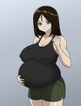  1girl black_hair black_tank_top blue_background blue_eyes blush breasts cleavage closed_mouth collarbone covered_navel fungus-man girls_und_panzer green_shorts highres large_breasts long_hair no_bra nonna_(girls_und_panzer) pregnant shorts simple_background smile solo tank_top 