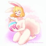  anthro big_breasts blonde_hair breasts carrot_(one_piece) easter easter_egg eyes_closed feet female fluffy fluffy_tail gesture hair holidays inosagi lagomorph leporid mammal one_piece rabbit smile solo tail v_sign 