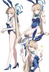  absurdres animal_ears bare_legs blonde_hair blue_archive blue_bow blue_bowtie blue_eyes blue_leotard bow bowtie breasts detached_collar double_v fake_animal_ears halo high_heels highres leotard long_hair looking_at_viewer medium_breasts rabbit_ears strapless strapless_leotard tamago_(eva1314056) toki_(blue_archive) v 