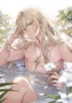  1boy bathing bathtub blonde_hair blurry blurry_background feet_out_of_frame flower hair_between_eyes highres holding holding_flower honkai:_star_rail honkai_(series) jewelry knee_up leaf lily_(flower) long_hair looking_at_viewer luocha_(honkai:_star_rail) male_focus megumi_gnsn nipples nude partially_submerged pendant petals petals_on_liquid solo water wet white_flower white_lily 