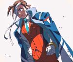  1boy ace_attorney antenna_hair apollo_justice aqua_eyes aqua_necktie arms_at_sides bandaged_arm bandaged_fingers bandaged_hand bandaged_head bandages blue_jacket bracelet brown_eyes brown_hair buttons collared_jacket collared_shirt cowboy_shot despair dutch_angle grgrton jacket jacket_on_shoulders jewelry lapels male_focus necktie one_eye_covered open_clothes open_jacket pants parted_lips phoenix_wright:_ace_attorney_-_dual_destinies red_pants red_suit red_vest shirt short_hair simple_background sleeves_past_elbows solo suit sweat vest white_background white_shirt 