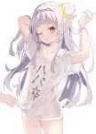  1girl absurdres aid! blunt_bangs bottomless breasts clothes_lift grey_hair hair_bun hair_censor hairband highres hololive lifted_by_another long_hair looking_at_viewer murasaki_shion no_bra no_panties one_eye_closed petite see-through see-through_shirt see-through_silhouette shirt shirt_lift sidelocks single_side_bun skirt small_breasts solo_focus t-shirt virtual_youtuber waking_up wet wet_clothes wet_shirt white_skirt yellow_eyes 