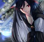  1girl animal_ears blush breasts brooch brown_hair dress highres imaizumi_kagerou jewelry light_smile long_hair long_sleeves looking_at_viewer medium_breasts outdoors red_eyes solo tenamaru touhou wide_sleeves wolf_ears 