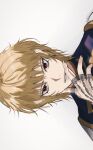  1other absurdres androgynous blonde_hair chain crystal_earrings earrings highres hunter_x_hunter jewelry kurapika looking_at_viewer male_focus red_eyes ring short_hair simple_background solo spi_11011 tabard thumb_ring upper_body white_background 