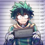  1boy absurdres artist_name barbie_mugshot_(meme) bodysuit boku_no_hero_academia bunnnyui character_name commentary english_commentary freckles gloves green_bodysuit green_eyes green_hair hands_up highres holding holding_sign instagram_username looking_at_viewer male_focus meme midoriya_izuku mugshot name_tag sanpaku short_hair sign solo spiked_hair straight-on sweat tiktok_username twitter_username watermark wavy_mouth white_gloves 