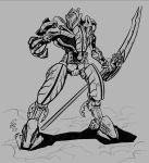  2023 5_fingers ambiguous_gender armor bionicle digital_drawing_(artwork) digital_media_(artwork) dust_cloud ethandoesathing fingers hi_res holding_object holding_weapon humanoid lego machine makuta makuta_teridax mask melee_weapon monochrome mouthless not_furry polearm robot robot_humanoid signature simple_background solo standing teridax_(character) weapon 
