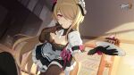  1girl black_gloves breasts cake cake_slice cherry chinese_commentary chocolate_cake closed_mouth finger_to_mouth food fruit gloves hair_over_one_eye highres holding holding_plate honkai_(series) honkai_impact_3rd indoors large_breasts leggings light_brown_hair logo long_hair looking_at_viewer maid maid_headdress official_art official_wallpaper plate red_eyes rita_rossweisse rita_rossweisse_(umbral_rose) short_sleeves smile solo vending_machine white_sleeves 