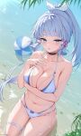  1girl absurdres arm_under_breasts ball bare_shoulders beachball bikini blue_hair blush bow breasts genshin_impact hair_bow hair_ornament highres kamisato_ayaka kneeling large_breasts light_blue_hair long_hair looking_at_viewer mole mole_under_eye ocean outdoors partially_submerged ponytail rosumerii sand solo swimsuit white_bikini 