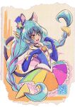  1girl animal_ears aqua_hair artist_logo black_choker blue_gloves blue_shirt braid cat_ears cat_tail choker commentary_request cure_cosmo dress earrings elbow_gloves english_commentary extra_ears eyelashes gloves graph_paper hair_ornament happy jewelry kamikita_futago long_hair looking_at_viewer magical_girl mixed-language_commentary multicolored_clothes multicolored_hair multicolored_skirt official_art paper_background pink_hair pointy_ears precure shirt skirt sleeveless sleeveless_shirt smile solo standing star_twinkle_precure streaked_hair tail twin_braids twintails two-tone_hair upper_body watercolor_background yuni_(precure) 