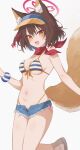  1girl absurdres animal_ear_fluff animal_ears bare_shoulders bikini blue_archive blue_bikini blue_shorts breasts brown_hair commentary denim denim_shorts eyeshadow fox_ears fox_girl fox_tail halo highleg highleg_bikini highres izuna_(blue_archive) izuna_(swimsuit)_(blue_archive) kushira137 looking_at_viewer makeup medium_breasts micro_shorts multicolored_clothes multicolored_headwear navel open_fly open_mouth pink_halo red_eyeshadow red_scarf rope scarf scrunchie shimenawa short_hair short_shorts shorts simple_background smile solo stomach striped striped_bikini striped_scrunchie swimsuit tail thighs visor_cap white_background wrist_scrunchie yellow_eyes yellow_headwear 