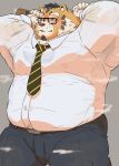  2023 absurd_res anthro belly big_belly blush bottomwear clothing eyewear felid glasses hi_res kemono male mammal musk necktie overweight overweight_male pantherine pants shirt simple_background solo tachiuo tiger topwear 