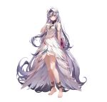  1girl absurdres ankle_cuffs bare_legs bare_shoulders barefoot black_choker black_hair book breasts chain choker commentary_request copyright_name cuffs dress feather_hair_ornament feathers fire_emblem fire_emblem_engage fire_emblem_heroes gloves grey_hair hair_ornament highres holding holding_book kanda_done long_hair looking_at_viewer multicolored_hair official_art purple_eyes small_breasts smile solo thighs two-tone_hair very_long_hair veyle_(fire_emblem) wavy_hair white_gloves 