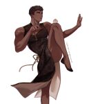  1boy ass_peek balancing bara brown_hair china_dress chinese_clothes cleavage_cutout clothing_cutout dark-skinned_male dark_skin dress fighting_stance food_on_body food_on_legs food_request foot_out_of_frame from_side highres large_pectorals leg_up looking_ahead male_focus muscular muscular_male original pectoral_cleavage pectorals pelvic_curtain scar scar_across_eye short_hair solo standing standing_on_one_leg thick_eyebrows undercut very_dark_skin yotti 