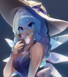  1girl alternate_costume alternate_hair_length alternate_hairstyle bare_shoulders blue_bow blue_eyes blue_hair blue_tank_top blurry bow breasts cirno commentary depth_of_field food grey_background hair_between_eyes hand_up hat hat_bow highres holding holding_food holding_ice_cream ice ice_cream ice_wings kaliningradg long_hair medium_breasts open_mouth simple_background solo symbol-only_commentary tank_top teeth touhou upper_body upper_teeth_only wavy_hair wings 