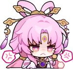  1girl anger_vein chinese_clothes crescent crescent_hair_ornament english_commentary forehead_jewel frown fu_xuan_(honkai:_star_rail) hair_ornament honkai:_star_rail honkai_(series) jewelry long_hair long_sleeves official_art parted_bangs pink_hair solo speech_bubble transparent_background upper_body v-shaped_eyebrows white_sleeves 