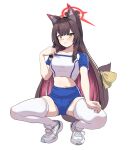  1girl absurdres alternate_costume animal_ear_fluff animal_ears black_hair blue_archive blue_buruma blush buruma collarbone colored_inner_hair fox_ears fox_tail full_body gym_shirt gym_uniform halo highres long_hair multicolored_hair open_mouth pangtanto red_hair red_halo shirt shoes short_sleeves simple_background smile solo squatting tail thighhighs wakamo_(blue_archive) white_background white_footwear white_shirt white_thighhighs yellow_eyes 