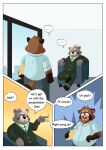  absurd_res anthro border brown_body brown_fur canid canine clothed clothing comic dialogue digital_media_(artwork) duo english_text eyewear facial_hair fur glasses hi_res male male/male mammal mature_male necktie office overweight overweight_male procyonid raccoon raccoon_dog siblu sibluself simple_background speech_bubble suit tanuki text white_border 