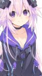  1girl absurdres adult_neptune black_choker black_jacket blush breasts buran_buta choker choujigen_game_neptune cleavage closed_mouth commentary_request d-pad d-pad_hair_ornament hair_between_eyes hair_ornament highres jacket long_hair long_sleeves looking_at_viewer medium_breasts neptune_(series) pink_hair purple_eyes simple_background smile solo white_background 
