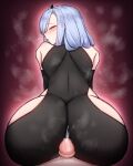  ass bent_over black_bodysuit black_gloves blush bodysuit buttjob censored clothed_sex clothing_cutout commentary cowboy_shot cum cum_on_ass ejaculation elbow_gloves futa_with_female futanari genshin_impact gloves gradient_background grey_hair hair_ornament half-closed_eyes highres long_hair looking_at_viewer looking_back lumine_(genshin_impact) mosaic_censoring parted_bangs parted_lips penis pov purple_eyes red_background rikuguma shenhe_(genshin_impact) simple_background solo_focus steaming_body thigh_cutout 