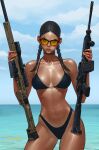  1girl ai_arctic_warfare assault_rifle bikini black-framed_eyewear black_bikini black_choker black_hair bolt_action braid breasts candy cheek_bulge choker collarbone commentary contrapposto cover cover_page cowboy_shot dark-skinned_female dark_skin day dual_wielding english_commentary fingernails food forehead gun gun_honey highres holding holding_gun holding_weapon jee-hyung_lee joanna_tan large_breasts lollipop long_fingernails looking_at_viewer low_twin_braids m4_carbine medium_hair navel ocean orange-tinted_eyewear orange_nails parted_hair pinup_(style) ribbon_choker rifle scope sniper_rifle solo standing sunglasses swimsuit tan textless_version thick_thighs thighs tinted_eyewear toned twin_braids weapon weapon_request 