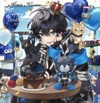  1boy 2022 axia_krone black_hair black_jacket blue_eyes cake cat character_request copyright_request crown dated food happy_birthday head_rest highres jacket long_sleeves looking_at_viewer male_focus minecraft mini_crown nijisanji open_mouth smile solo sonic_(series) sonic_the_hedgehog stuffed_animal stuffed_toy teddy_bear virtual_youtuber yuuhi_mika 