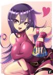  1girl :d arm_strap armpits bare_shoulders belt breasts card choker dress duel_masters fingerless_gloves gloves highres holding holding_card impossible_clothes impossible_dress large_breasts long_hair purple_hair red_eyes sideways_glance sleeveless smile solo tasogare_mimi taut_clothes taut_dress teng_zhai_zi thigh_pouch thigh_strap 