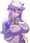  1girl arm_under_breasts bow breasts capelet cropped_torso dress hair_bow hand_on_own_chest hat highres large_breasts long_hair long_sleeves looking_at_viewer mirufui mob_cap patchouli_knowledge purple_dress purple_eyes purple_hair touhou white_background white_capelet white_headwear wide_sleeves 