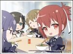  4girls :d ^_^ assault_lily black_border black_capelet black_choker black_hair black_ribbon blunt_bangs blurry blurry_background blush border bowl brown_hair buttons capelet chair chibi choker chopsticks closed_eyes collared_shirt commentary_request cropped_jacket crossover day detached_sleeves eating feeding flower_knot flying_sweatdrops food food_in_mouth green_eyes hair_between_eyes hair_ornament hair_ribbon hair_scrunchie hairclip hands_up holding holding_bowl holding_chopsticks indoors jitome juliet_sleeves kuo_shenlin long_hair long_sleeves looking_at_food looking_at_viewer looking_to_the_side low_ponytail multiple_girls neck_ribbon no_pupils noodles nose_blush official_art on_chair open_mouth profile puffy_sleeves purple_eyes raised_eyebrows red_eyes red_hair ribbon school_uniform scrunchie shirai_yuyu shirt short_hair short_ponytail short_sleeves side_ponytail sidelocks sitting smile table teeth udon upper_teeth_only wang_yujia watermark wavy_mouth white_border white_ribbon white_scrunchie white_shirt wristband yurigaoka_girls_academy_school_uniform yuuki_yuuna yuuki_yuuna_wa_yuusha_de_aru yuusha_de_aru 