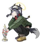  1girl animal_ears black_hair black_pants blue_archive blue_eyes bone_hair_ornament braid closed_mouth dog_ears dog_girl dog_tail fake_animal_ears fake_antlers full_body goggles goggles_on_head green_jacket hair_ornament halo hand_on_own_chin heo_bol hibiki_(blue_archive) highres jacket long_hair long_sleeves looking_at_viewer pants paw_print red_scarf rocket scarf shoes simple_background solo squatting tail white_background yellow_footwear 
