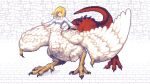  1girl blonde_hair blue_eyes breasts brick_floor brick_wall chimera claws collared_shirt commentary_request dragon_tail dungeon_meshi falin_thorden feathered_wings full_body long_sleeves medium_breasts medium_hair monster_girl pixel_art pixelflag shirt solo spoilers tail taur white_shirt white_wings wings 