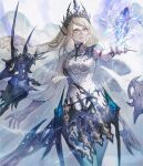  1girl absurdres blue_eyes blue_skin breasts cape colored_skin crown crystal final_fantasy final_fantasy_xvi highres ice jill_warrick long_hair looking_ahead medium_breasts nail_polish pointy_ears reflection senano-yu shiva_(final_fantasy) skirt solo transformation very_long_hair white_background white_hair 