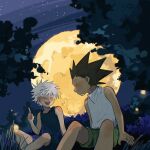  2boys black_hair black_shirt closed_eyes gon_freecss green_shorts highres hunter_x_hunter killua_zoldyck looking_at_another male_child male_focus moon multiple_boys mumian67053620 night outdoors shirt short_hair shorts sitting sleeveless spiked_hair tank_top white_hair 