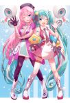  2girls aqua_eyes aqua_hair bare_shoulders belt blue_eyes boots breasts collared_dress commentary_request dress elbow_rest full_body gloves hair_ornament hand_up hatsune_miku headset highres knee_boots large_breasts light_blush light_particles long_hair looking_at_viewer magical_mirai_(vocaloid) magical_mirai_luka magical_mirai_luka_(2022) magical_mirai_miku magical_mirai_miku_(2022) megurine_luka mochityoko multicolored_hair multiple_girls necktie one_eye_closed open_hand open_mouth pantyhose pink_hair pink_necktie purple_headwear purple_pantyhose radio_antenna small_breasts smile sparkle standing star_(symbol) star_hair_ornament thigh_strap twintails very_long_hair vocaloid waving white_footwear 