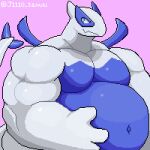  1:1 2023 anthro biceps biped digital_media_(artwork) generation_2_pokemon huge_belly j1110_tanuki legendary_pokemon lugia male musclegut navel nintendo nude pokemon pokemon_(species) simple_background smile solo triceps 