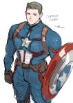  1boy bara belt blue_bodysuit bodysuit brown_belt brown_gloves brown_hair captain_america captain_america_(cosplay) captain_america_(series) character_name closed_mouth cosplay english_text gloves highres holding holding_shield holding_weapon kuconoms large_pectorals male_focus marvel muscular muscular_male pectorals piers_nivans resident_evil resident_evil_6 shield short_hair simple_background smile solo twitter_username weapon white_background 