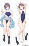  1girl ahoge armpits arms_up asakura_toru bare_legs bed_sheet black_socks blue_hair blush bracelet breasts cardigan_removed clothes_lift collarbone competition_swimsuit cum cum_on_body dakimakura_(medium) earrings fingernails full_body gradient_hair groin idolmaster idolmaster_shiny_colors jewelry looking_at_viewer medium_breasts multicolored_hair nail_polish nipples one-piece_swimsuit open_clothes open_shirt pleated_skirt purple_hair school_uniform short_hair skirt skirt_lift smile socks socks_removed swimsuit swimsuit_under_clothes toes twitter_username yd_(orange_maru) 